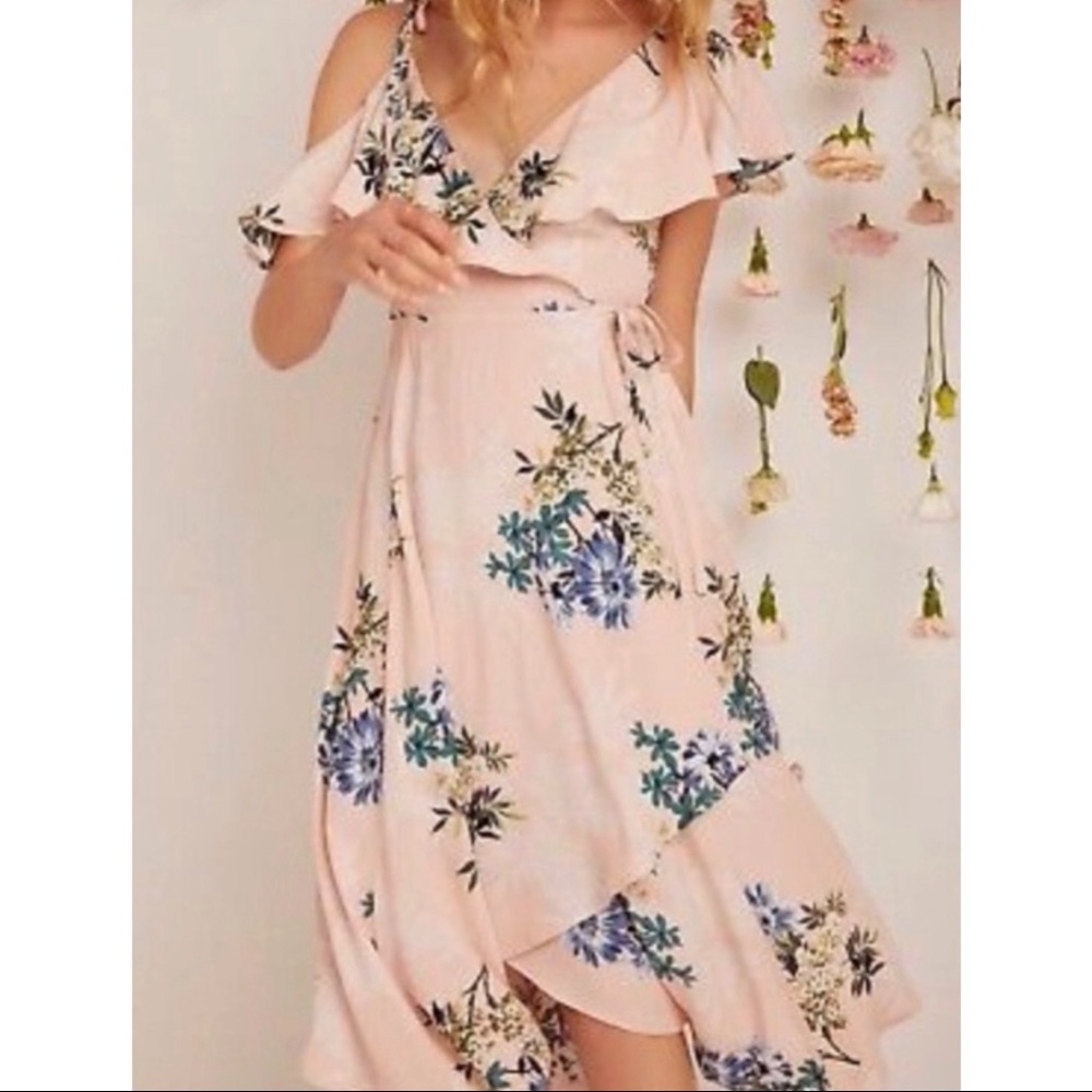 Cold-Shoulder Pink Floral Wrap Dress